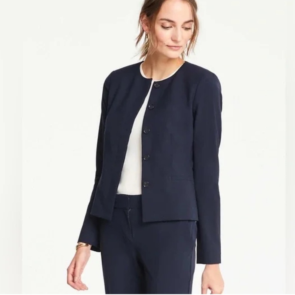 Ann Taylor Navy Blue Collarless Blazer Jacket Size 2 | Career Workwear